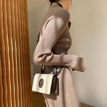 Choi Aunt customised shirt collar turned on trumpeter sleeve knit cardiovert high waist and long style dress for womens autumn