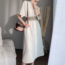 Cui Aunt Cui custom fat welfare cover meat skirt V collar dress 2021 New Spring Summer short sleeve slim long skirt