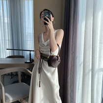  Aunt Cui customized beautiful fried sky red wine slightly drunk acetic acid dress wide shoulder strap sleeveless mid-length skirt female summer