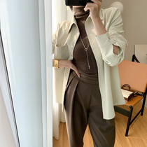 Cui Aunt Customized Mist Sense Pu Leather Collar Loose Collar Loose Shirt Woman New 2021 Brief Temperament Blouse Winter