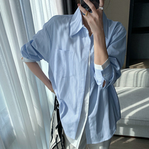  Aunt Cui customized blue and white striped stitching shirt female design sense niche fake two-piece long-sleeved casual top