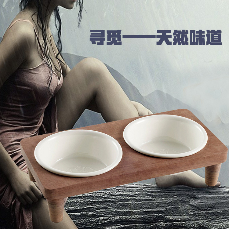 Cat double bowl high-end ceramic double bowl flower pear wood full solid wood table cat rice bowls and dog drinking water small dog