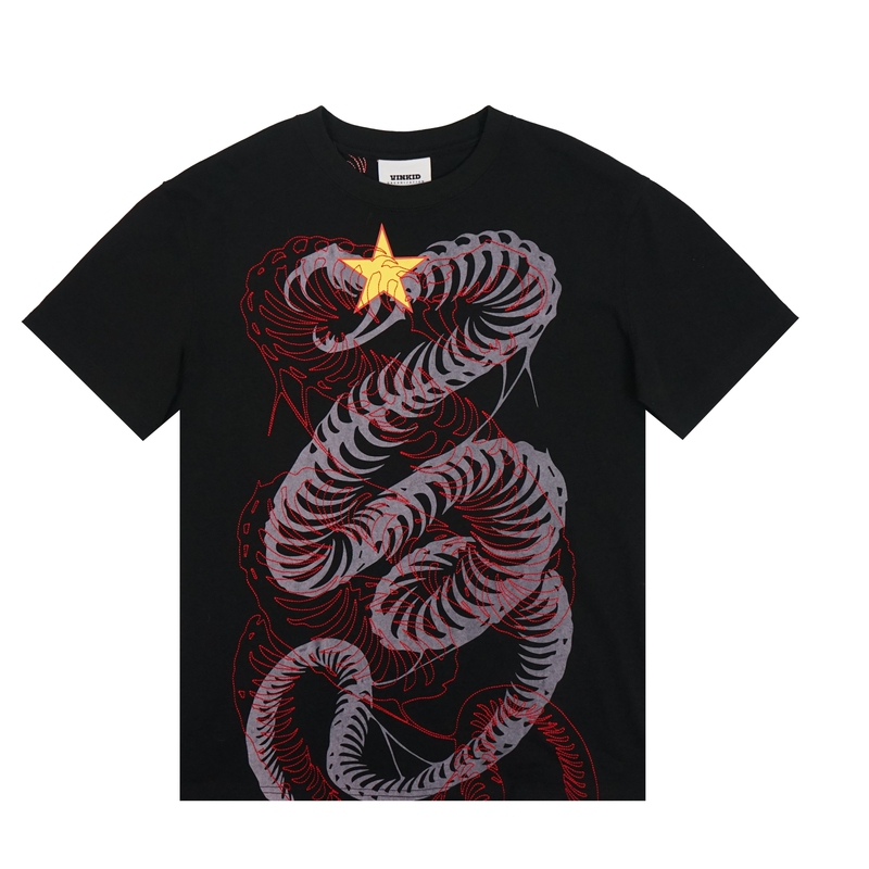 Vinkid (Ladder) Double Snake Star Short Sleeve High-Density Embroidery American Trendy Niche Hip-Hop Personality T-Shirt