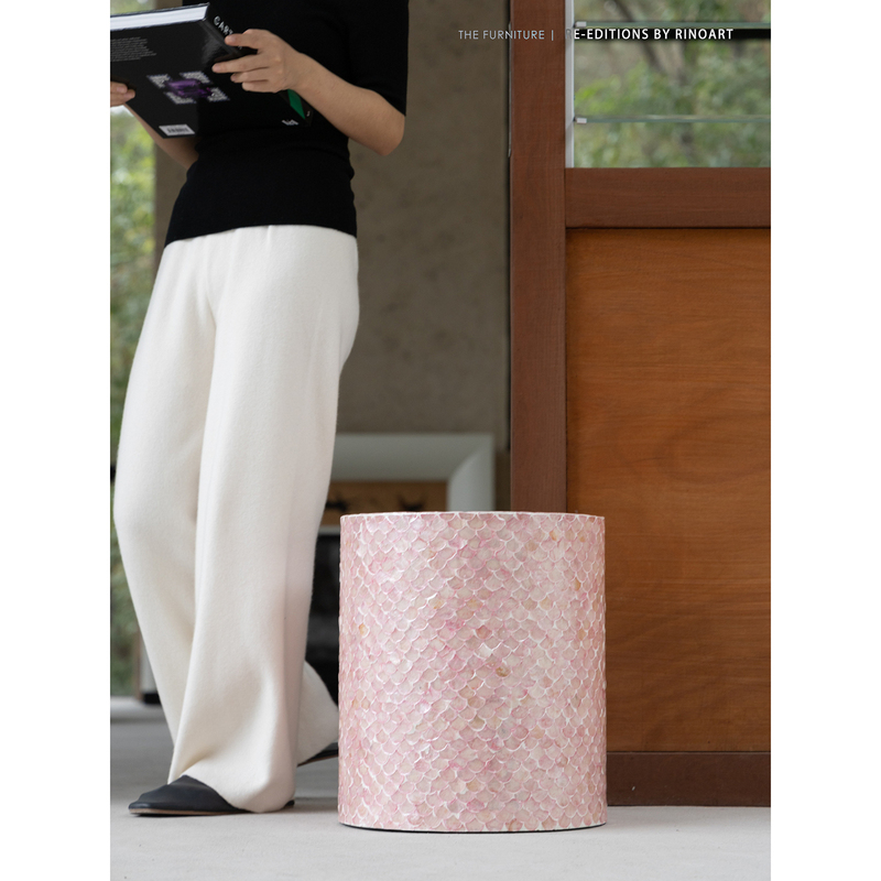 Ruonai Home Furnishings' Imported Product, the "Mermaid Side Table, a Handcrafted Inlaid Stool with Spring Pink Mother-Of-Pearl, a Decorative Piece for the Entrance Area