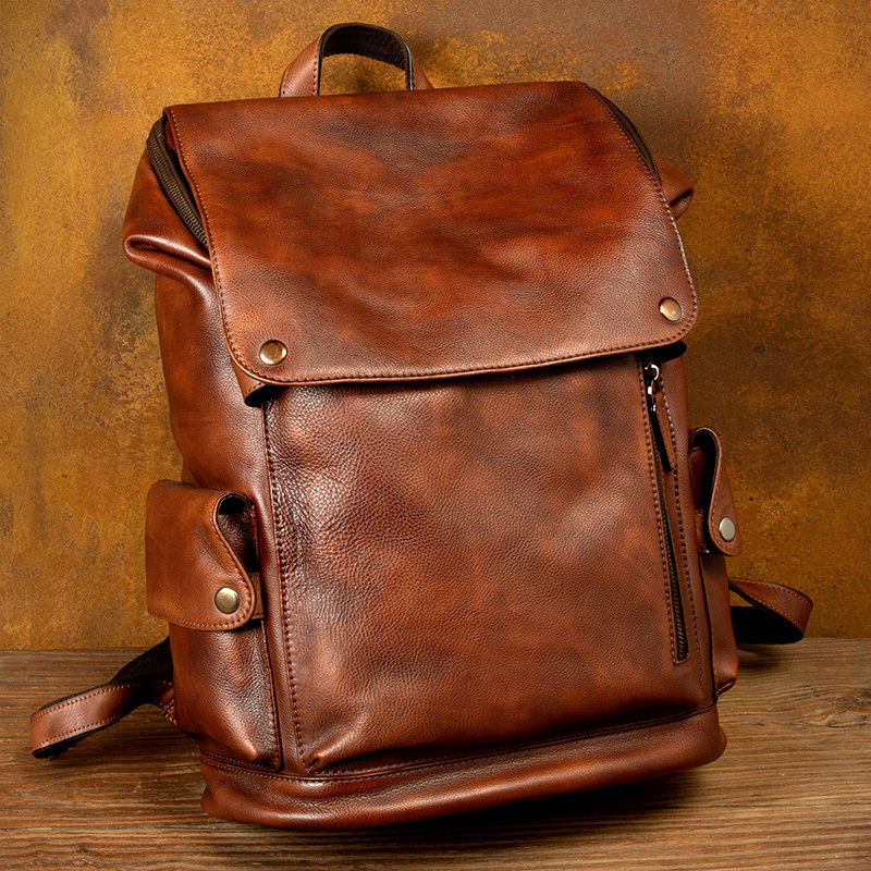 Slow Time Handmade Genuine Leather Backpack Casual Top Layer Vegetable-Tanned Cowhide Backpack Computer Bag Travel Unisex Hiking Bag