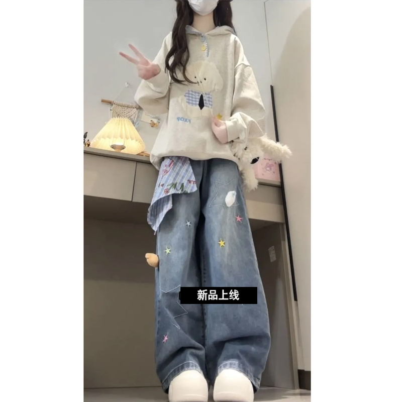 Salt-Style College Outfit American Casual Plush Puppy Hoodie Scarf Wide-Leg Jeans Two-Piece Set