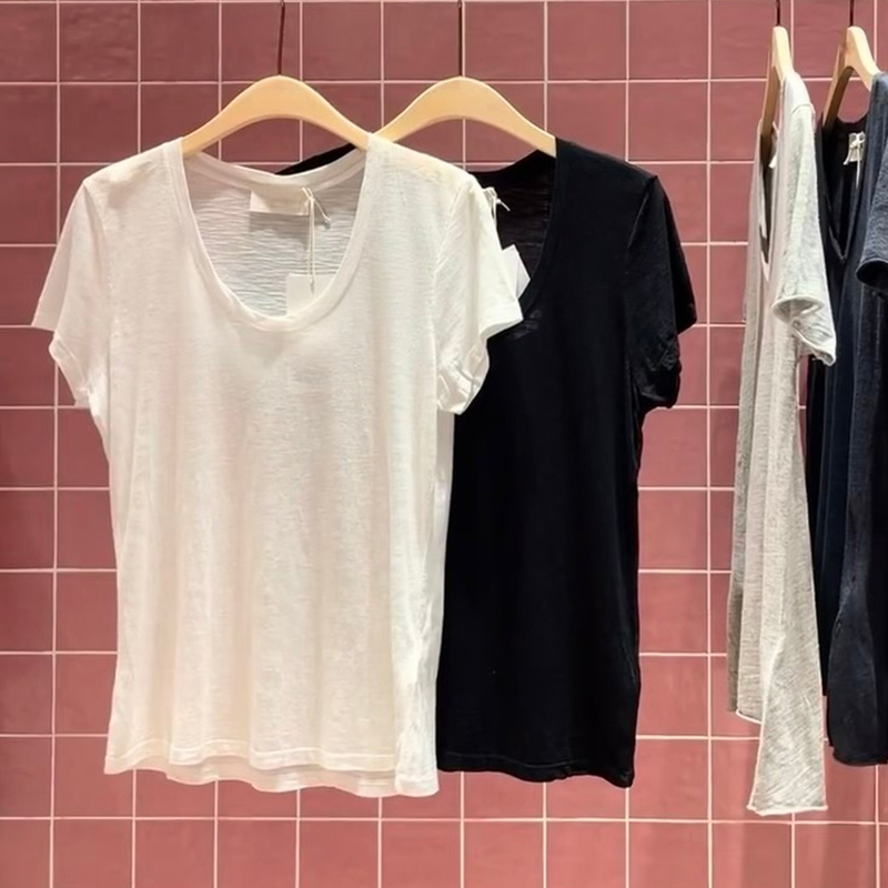 American Vint@Ge Autumn Porcelain Celebrity Style Short Sleeve Women's T-Shirt, Regular Shoulder, Stretchy, Slim Fit, Versatile Top