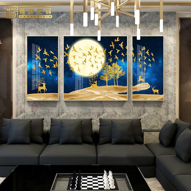 New Chinese-style living room decorative painting simple atmospheric mural sofa background wall painting light luxury triptych crystal porcelain painting