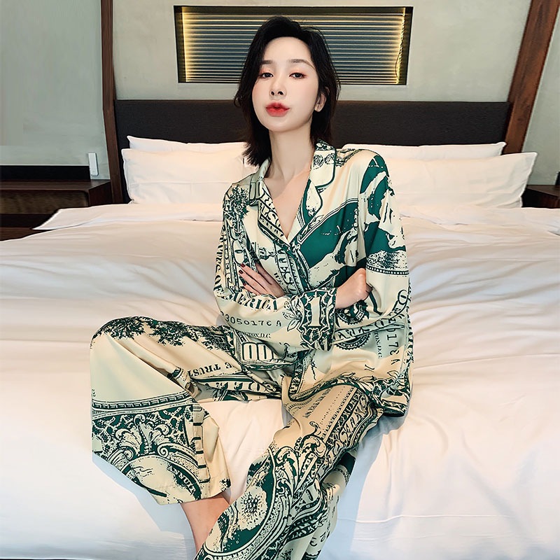 Style holiday wind ~ trendy small selfie ice silk sleepwear women's spring summer long sleeves thin and genuine silk satin suit