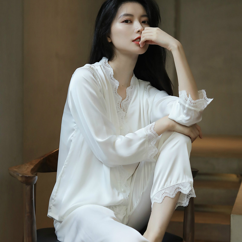 Pure Desire s Wind ~ Classic Self-leaving Advanced Sensation Lace Splicing Series Pyjamas Women's Spring Autumn Ice Silk Long Sleeve Suit