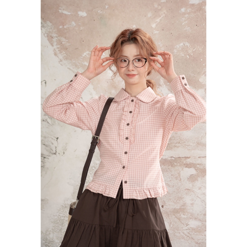 Spring and Autumn Gentle Pink Plaid Ruffled Lace Collar Shirt for Women, Sweet and Stylish Long-Sleeved Top