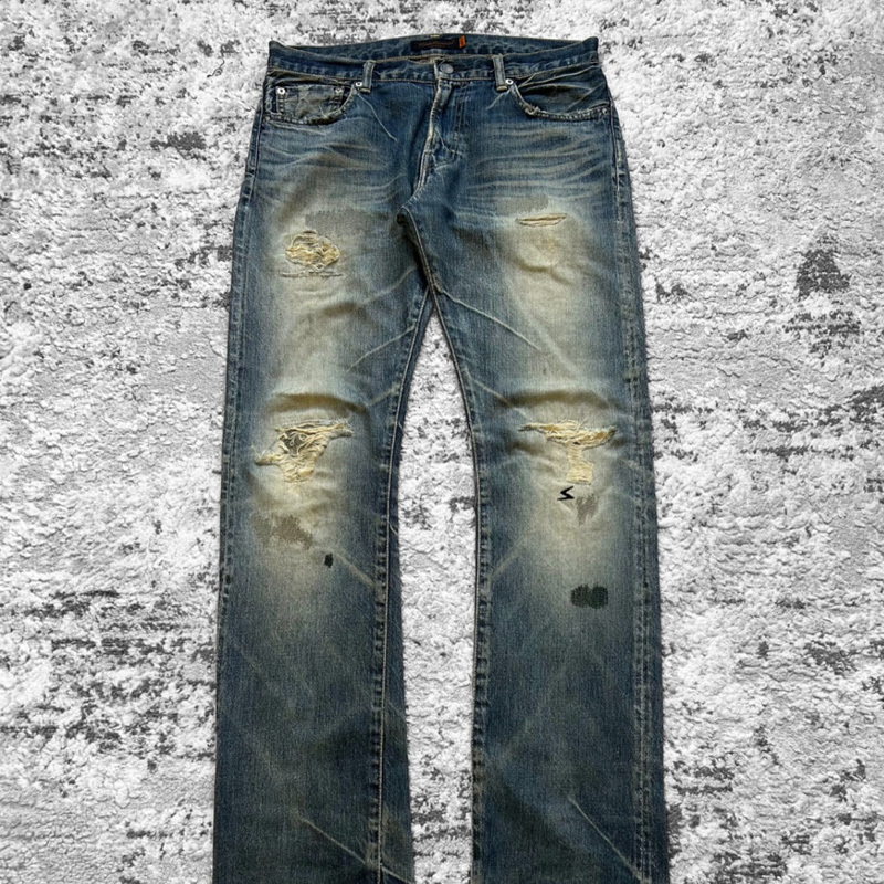 Undercover 07Aw t Period Washed Distressed Embroidered Straight-Leg Jeans