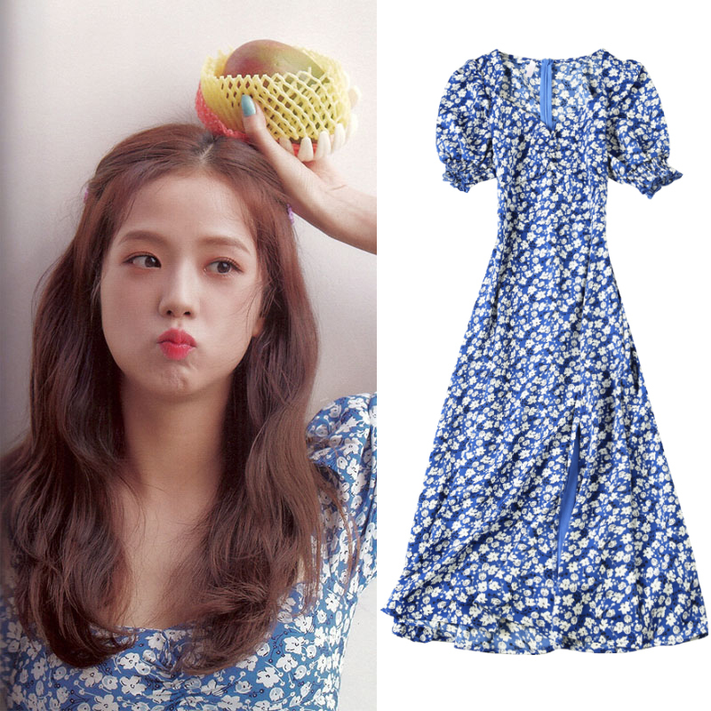 Kim Ji-Soo and Zhao Lusi's Same Style Blue Floral Dress, French Niche Slit Square-Neck Platycodon Chiffon Long Dress