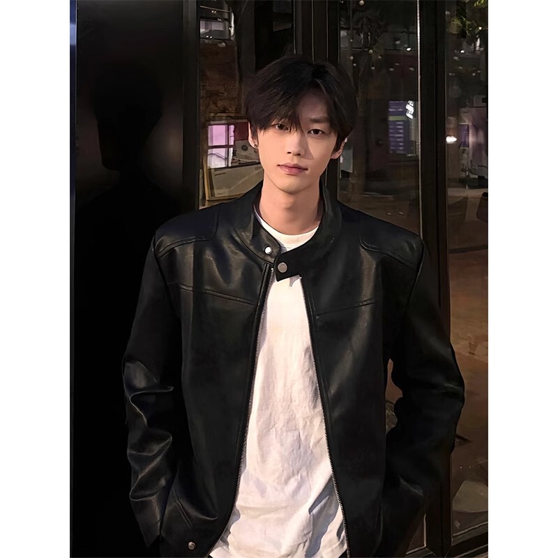 American-Style Short Biker Leather Jacket for Men, Trendy Retro Cool High-End Cleanfit Stand-Up Collar Flight Jacket