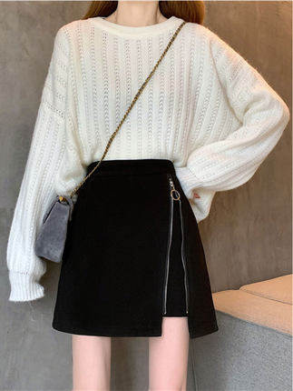 Autumn and winter black skirt zipper side slit a line