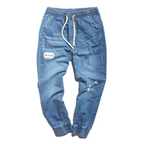 Value Harlan small feet light blue retro washed men slim drawstring shrink jeans men