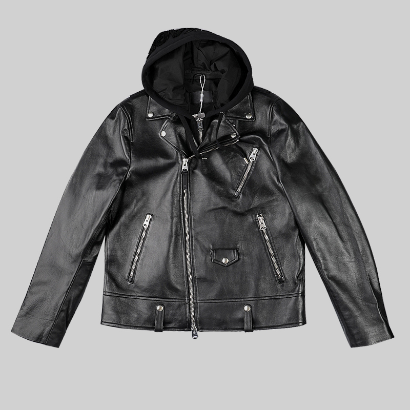 Ai Mo Ji ● Mac Men's Detachable Hat Street Style Biker Leather Jacket Classic Trendy Stylish Jacket Ai Mo Ji ● Mac Men's Detachable Hat Street Style Biker Leather Jacket Classic Trendy Stylish Jacket
