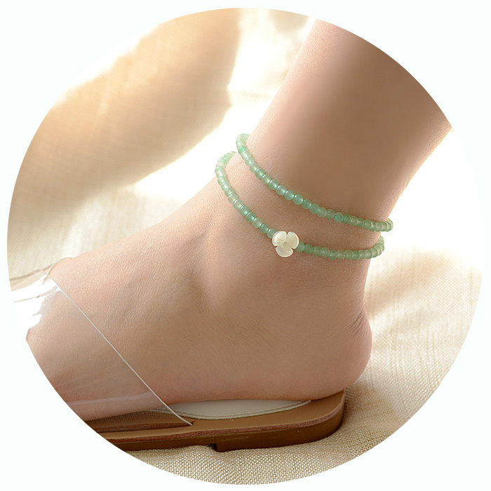 Double-layer multi-layer crystal green aventurine jade non-fading hypoallergenic fine anklet flower sterling silver female student Hanfu accessories