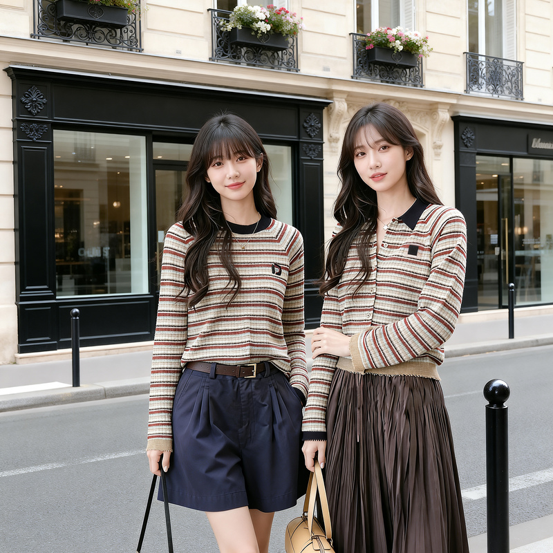 [High-End Version] Retro Striped Knit Cardigan for Women with a Turn-Down Collar and Button-Up Sweater Jacket for Autumn