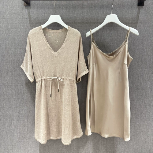 Шелковое ретро платье, блестки для ногтей, трикотажный комплект, Италия, новая коллекция, V-образный вырез, А-силуэт