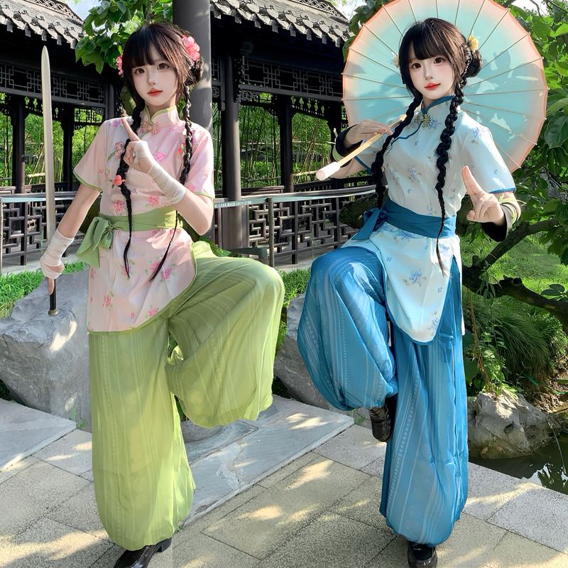 Yunwujiji Original Chinese-Style Maid Cosplay with Stand-Up Collar Cheongsam, Fairy-Like Martial Arts Style Lantern Pants for Daily Commuting