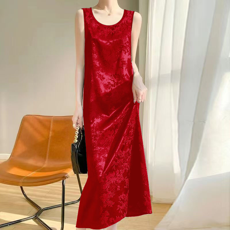 Summer New Style French Round-Neck Vest Mid-Length Dress, Imitation Satin Jacquard Loose-Fitting Slimming Tank Dress