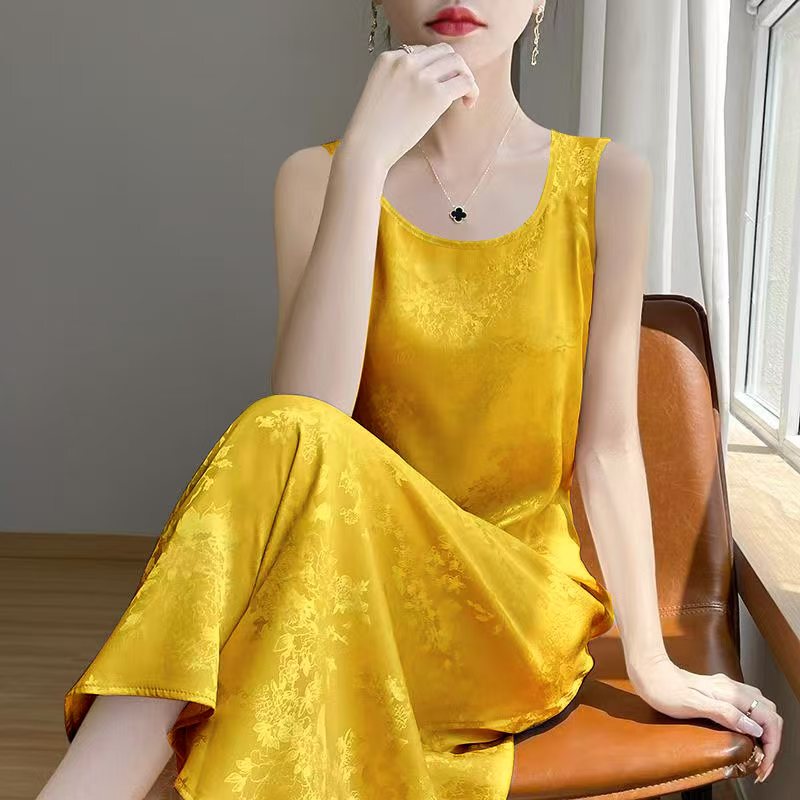 Summer New Style French Round-Neck Vest Mid-Length Dress, Imitation Satin Jacquard Loose-Fitting Slimming Tank Dress
