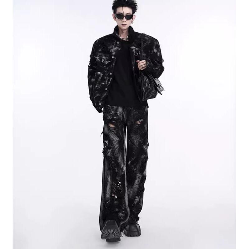 Wasteland Style Denim Jacket Suit for Men European and American Street Graffiti Washed Ripped Jeans Spring & Fall Jacket for Men