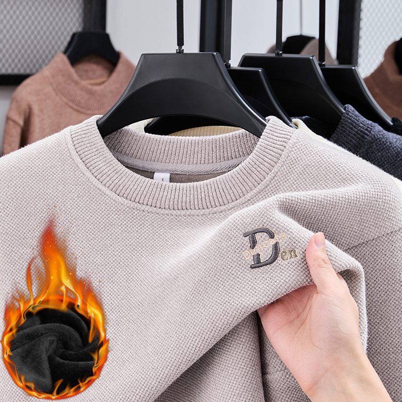 Jundu Lang Men's Mink Fur Fleece Thickened Sweater Winter Round Neck Pullover Warm Integrated Fleece Knitted Base Shirt