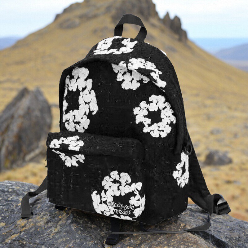 Reddymrde Denim Tedrs Collaboration Thousand-Stitch Kapok Flower Black and White Floral Thousand-Stitch Embroidery Backpack