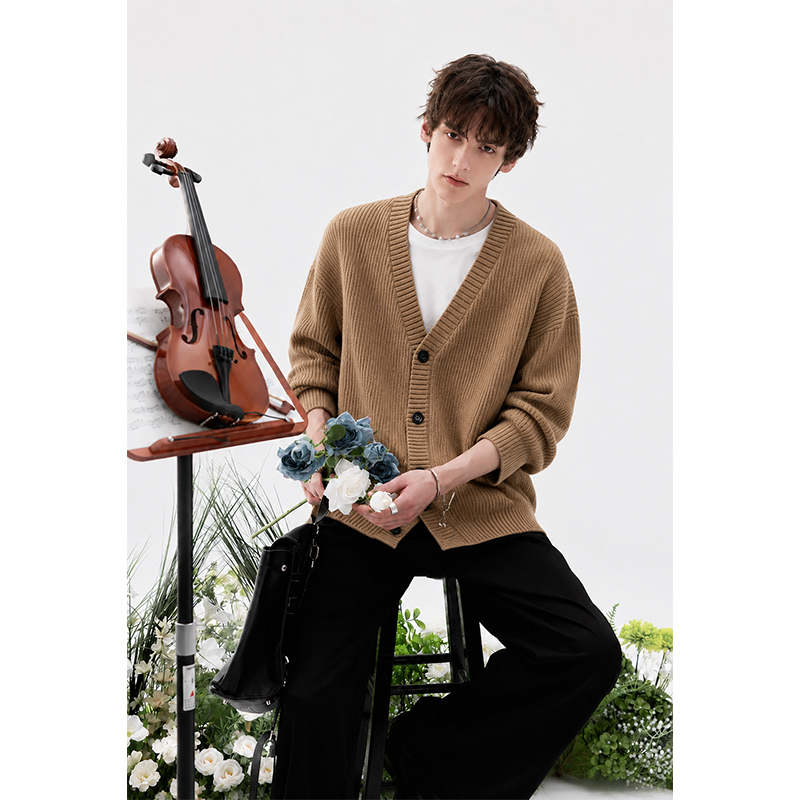 Casual Thick Knit Cardigan Sweater for Men in Autumn and Winter, Japanese Retro Solid Color V-Neck Knitwear Jacket