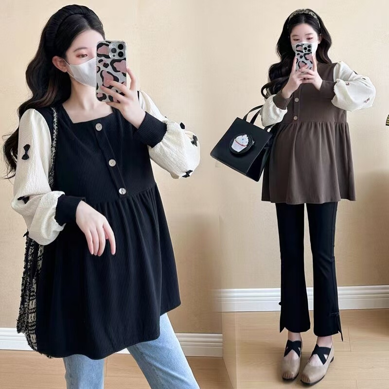 Maternity Wear, Autumn Fashion, Color-Blocked Long-Sleeved Square-Neck Top, Loose Large Size, Slimming Babydoll Shirt, Spring and Autumn Pregnancy Clothes Maternity Wear, Autumn Fashion, Color-Blocked Long-Sleeved Square-Neck Top, Loose Large Size, Slimming Babydoll Shirt, Spring and Autumn Pregnancy Clothes