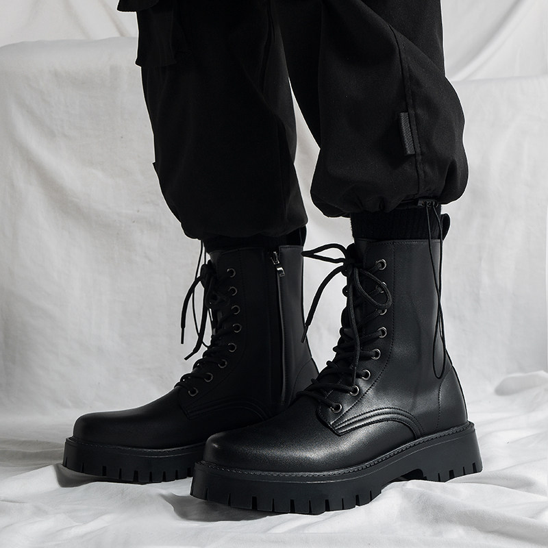 British Style ins Black Martin Boots for Men, Trendy Autumn New Genuine Leather Workwear Motorcycle Boots, Korean Style High-Top Boots