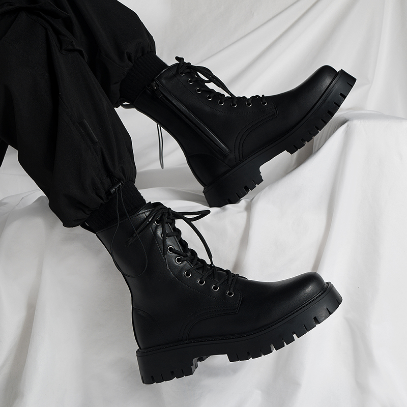 British Style ins Black Martin Boots for Men, Trendy Summer New Genuine Leather Workwear Motorcycle Boots, Korean Style High-Top Boots