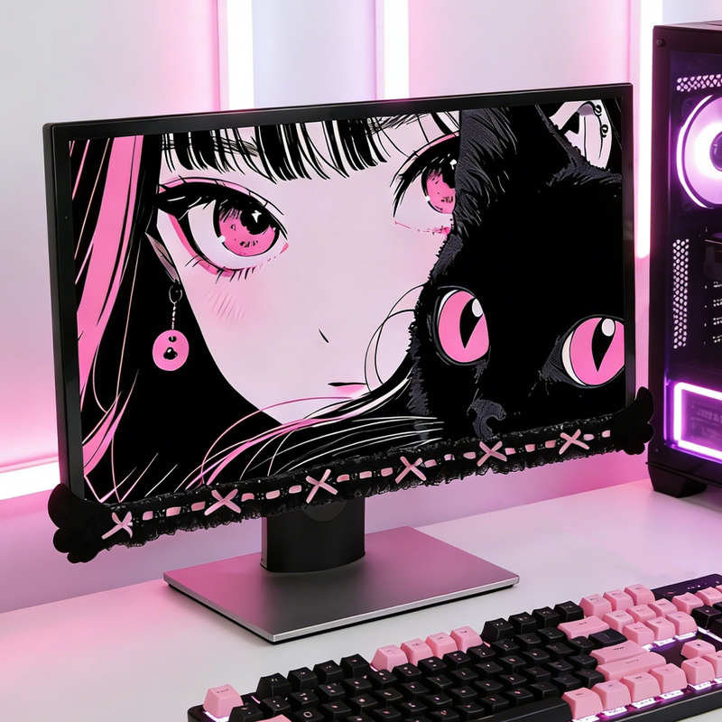 Knock Knock Berry Computer Monitor Decoration Sticker Gaming Room Bow Lace Decoration Cute Desk Setup Screen Frame Strip
