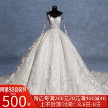 Main wedding dress 2020 new Hepburn v-neck French bride long tail word shoulder 2021 simple long sleeve