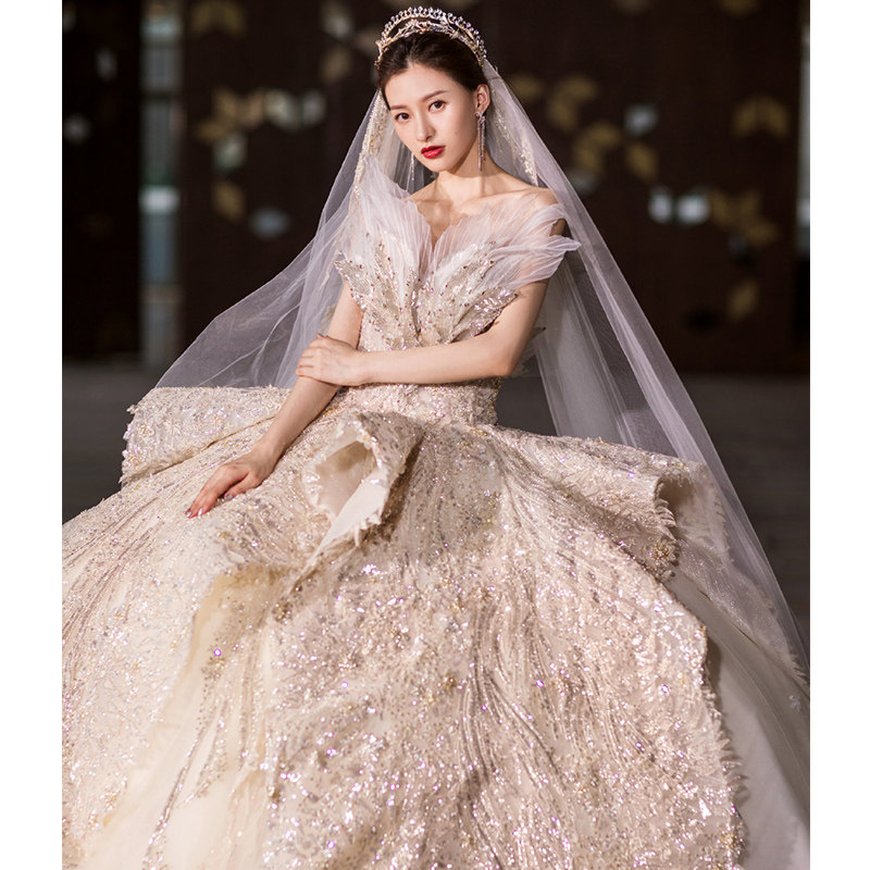 Bride main wedding dress 202021 new big tailing heavy industry Court Net red light French starry girl shoulder