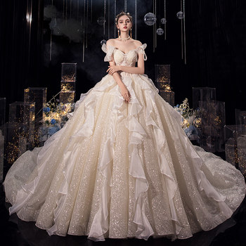 Starry Sky Lord Wedding Dress 2023 New Bride One Shoulder Heavy Industry Small Big Tail 2024 Going Out Yarn Light