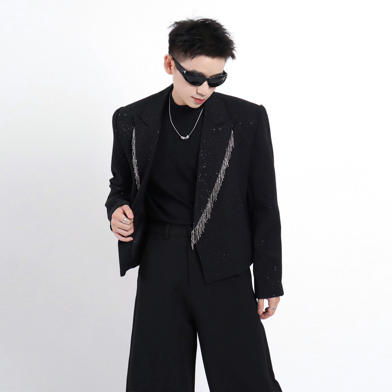 Oseme Heavy-Duty Sequin Shimmer Blazer, Autumn Design with Tassels, Loose Casual Short Black Suit