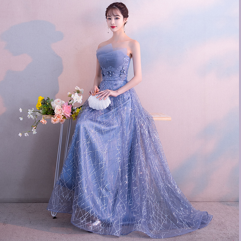 Blue Forest-Style Evening Dress for Women 2026 New Long Strapless Fairy-Like Elegant Texture Hostess Bridesmaid Dress Long Style