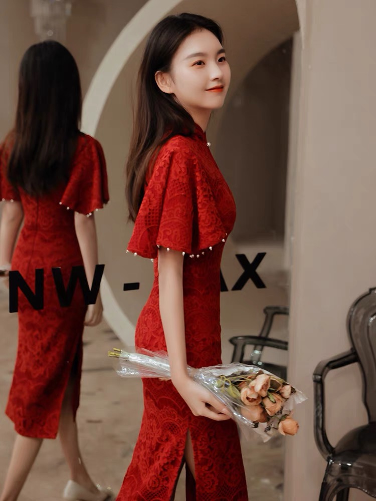 Inverted large sleeve qipao toast with 2021 new lace banquets covered with arms back to the bride's wedding wedding gown