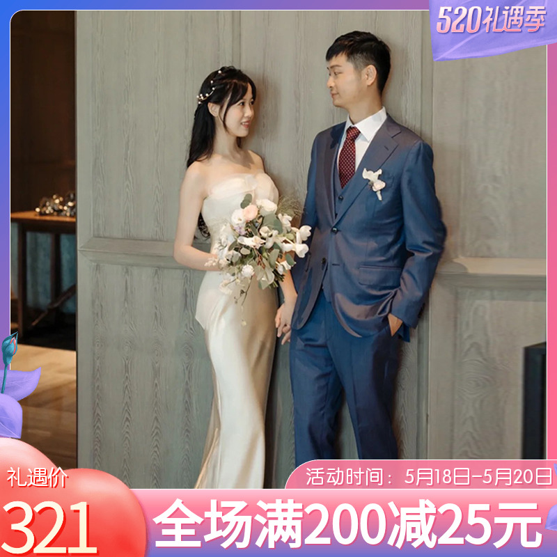 Satin light wedding dresses 2021 new temperament small trailing brides to greet guests in a sensuo style evening gown