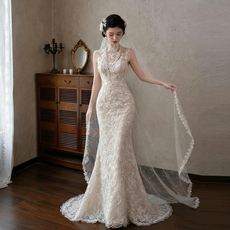 Lace Fishtail Light Wedding Dress 2026 New Vintage High-End Bridal Cheongsam Forest Style Engagement Dress Wedding Veil