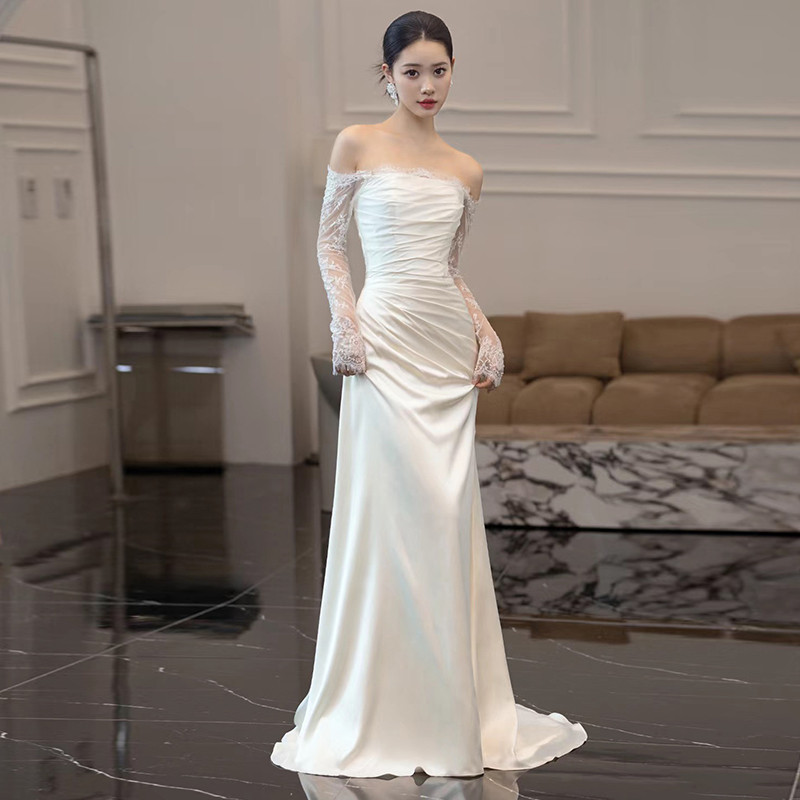 Lace advanced wedding dress for bride, evening dress, long sleeve, fitted, open shoulders Lace advanced wedding dress for bride, evening dress, long sleeve, fitted, open shoulders