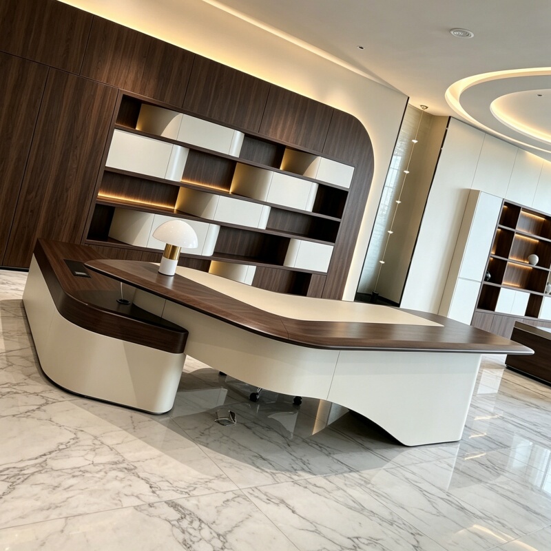 Modern Minimalist High-End Curved Executive Desk 2026 New Model President's Office Desk Solid Wood Executive Desk with Side Table