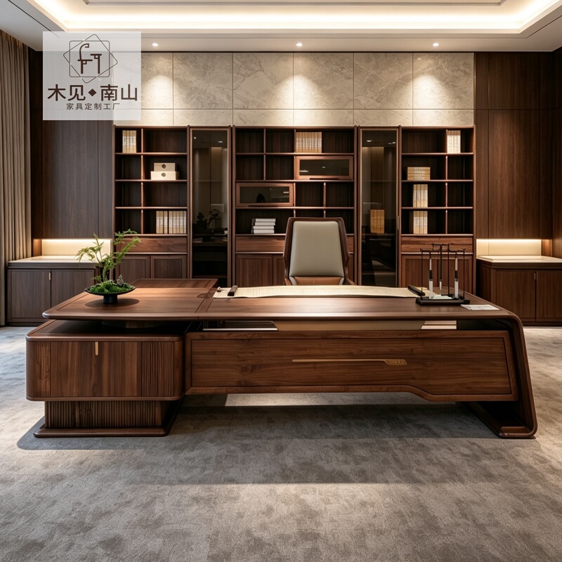 Su-Style Aesthetic Solid Wood Executive Desk, North American Black Walnut Wood, Luxury Executive Office Desk