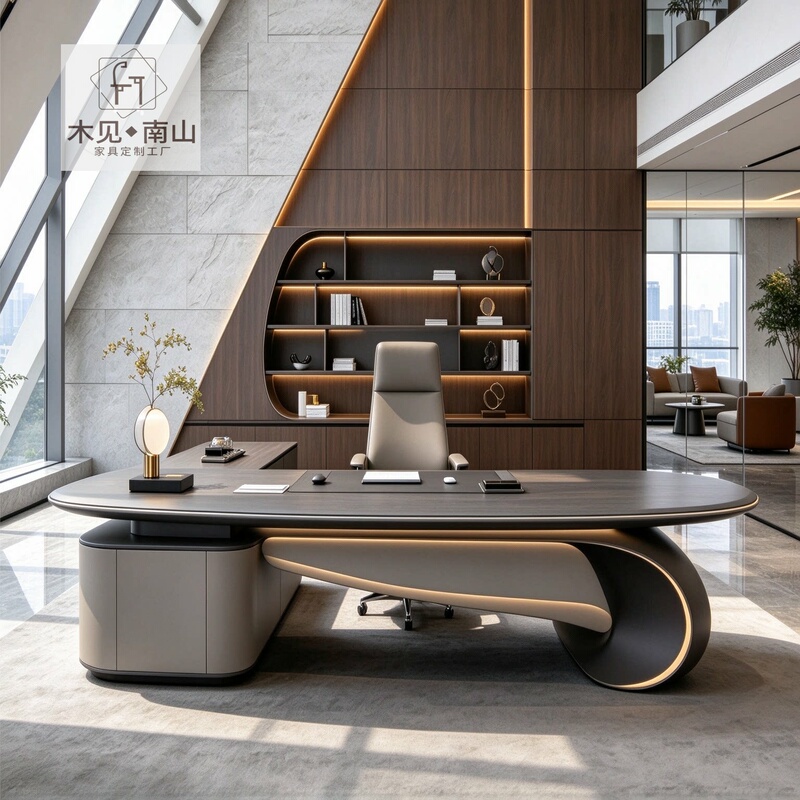 Light Luxury Curved Table Legs with a Sense of Design, Solid Wood Executive Desk, Simple Modern Style, Chairman's Desk, President's Desk, Executive Desk