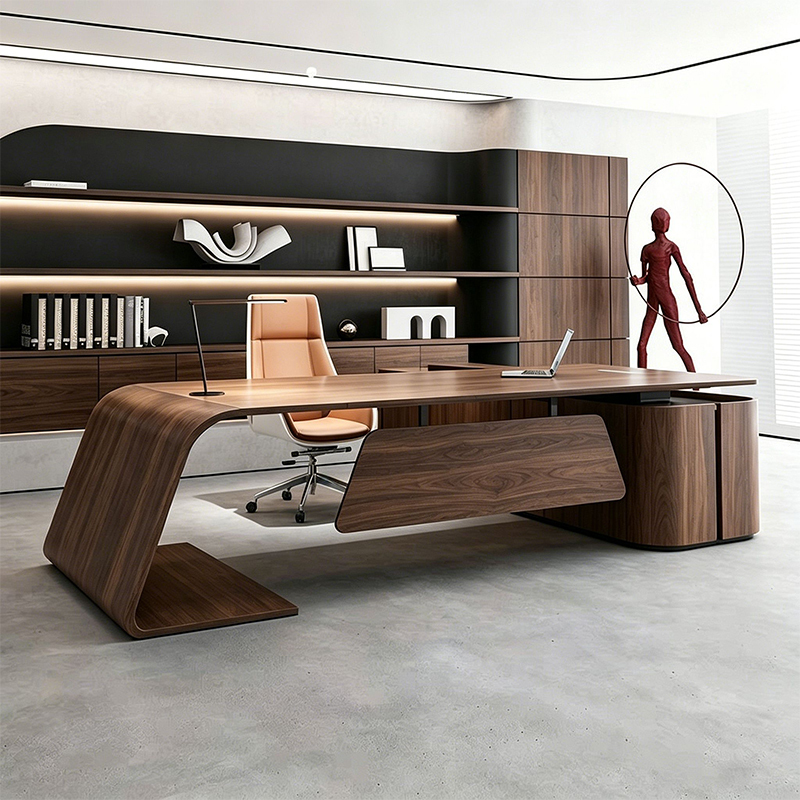 Curved Table Leg Design, High-End Solid Wood Office Desk, Boss Desk, 2026 New Model, Walnut Executive Desk with Side Cabinet