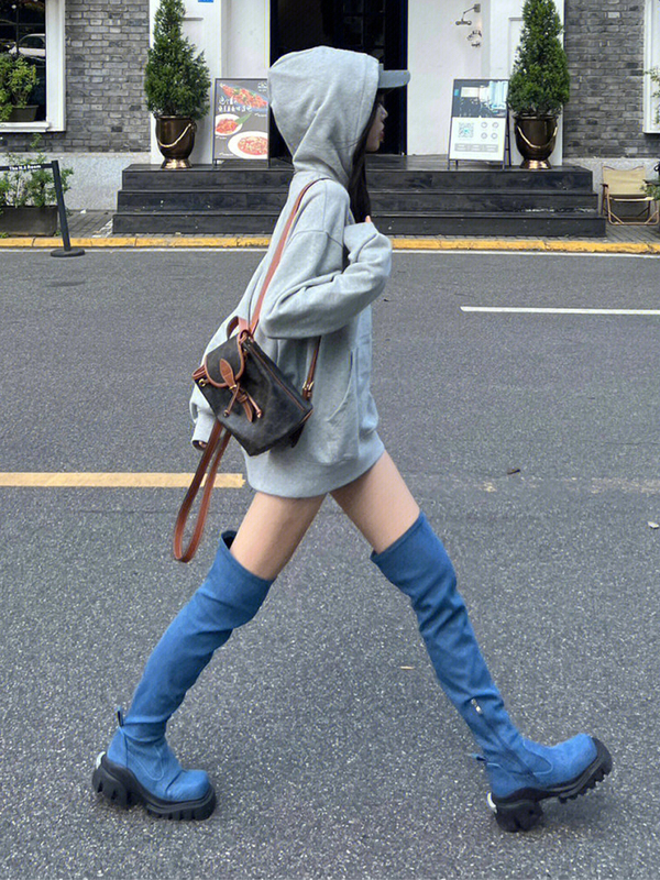 Blue Denim High Boots, Slimming, New Square Toe, Thick-Soled, Over-The-Knee Boots, Women's Long Boots, Autumn and Winter Boots