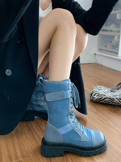 Fried Street Martin Boots Women's Autumn British Style Handsome Motorcycle Boots Thick-soled Slim Denim Short Boots Blue Lace-Up Mid-Cut Boots